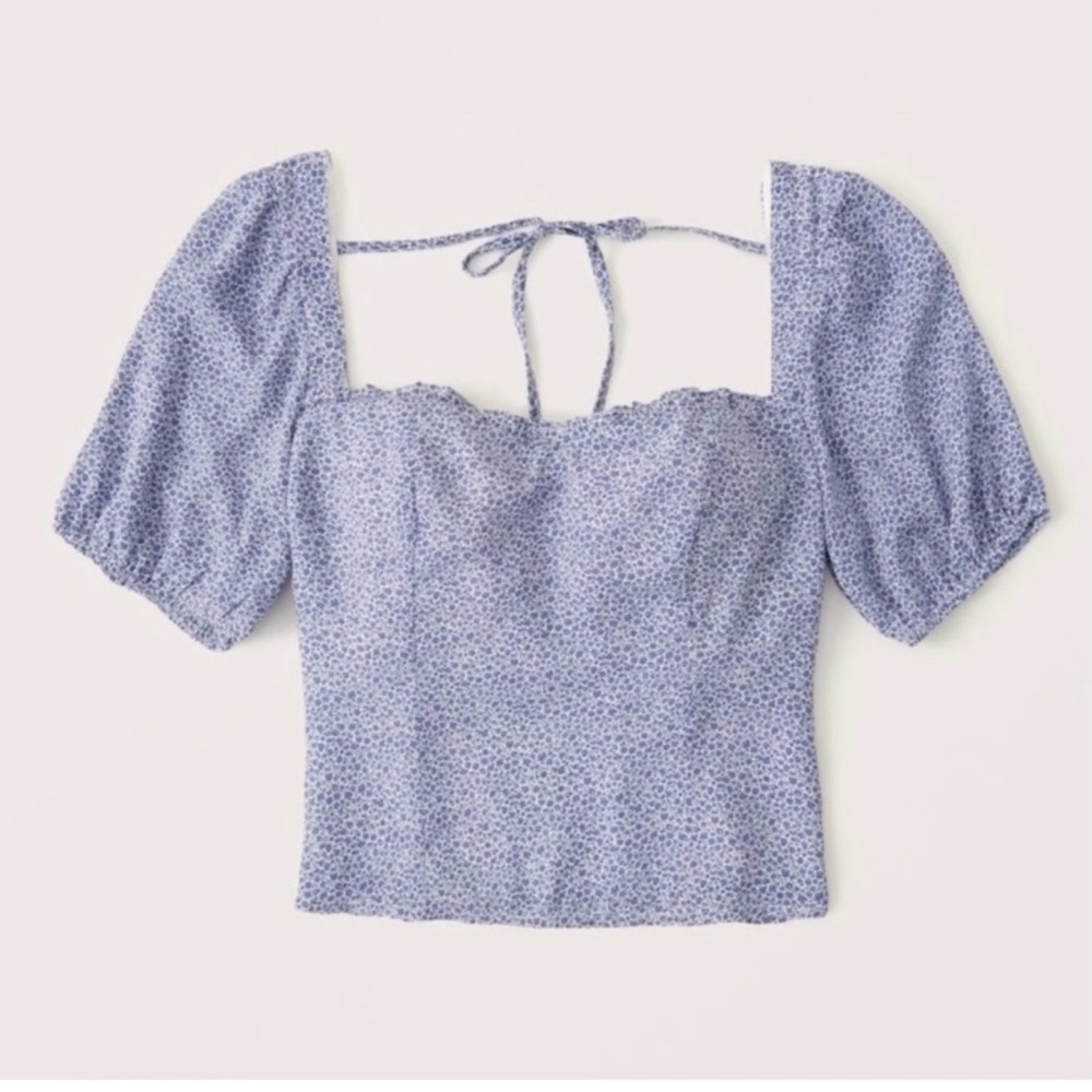 Abercrombie & Fitch Blue Floral Print Puff Sleeve Cropped Blouse, Small